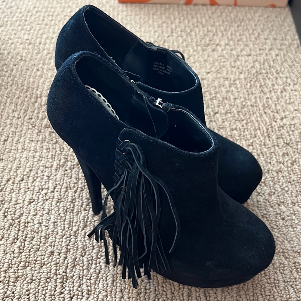 Bebe Black Tassel Bootie Platforms